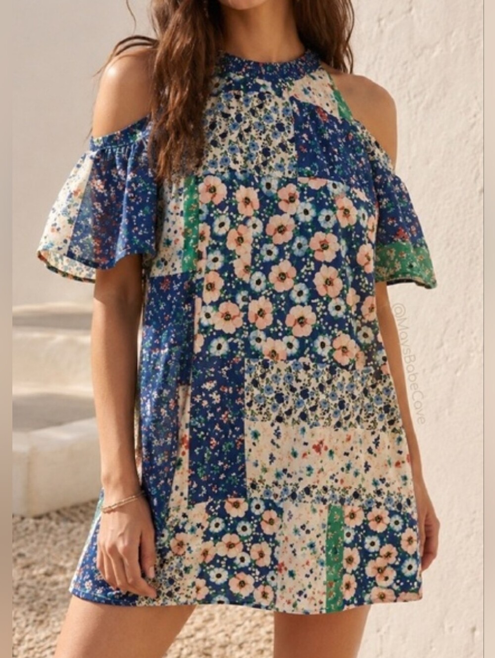 Zara Basic Collection Floral Patchwork Cold Shoulder Mini Dress Size M